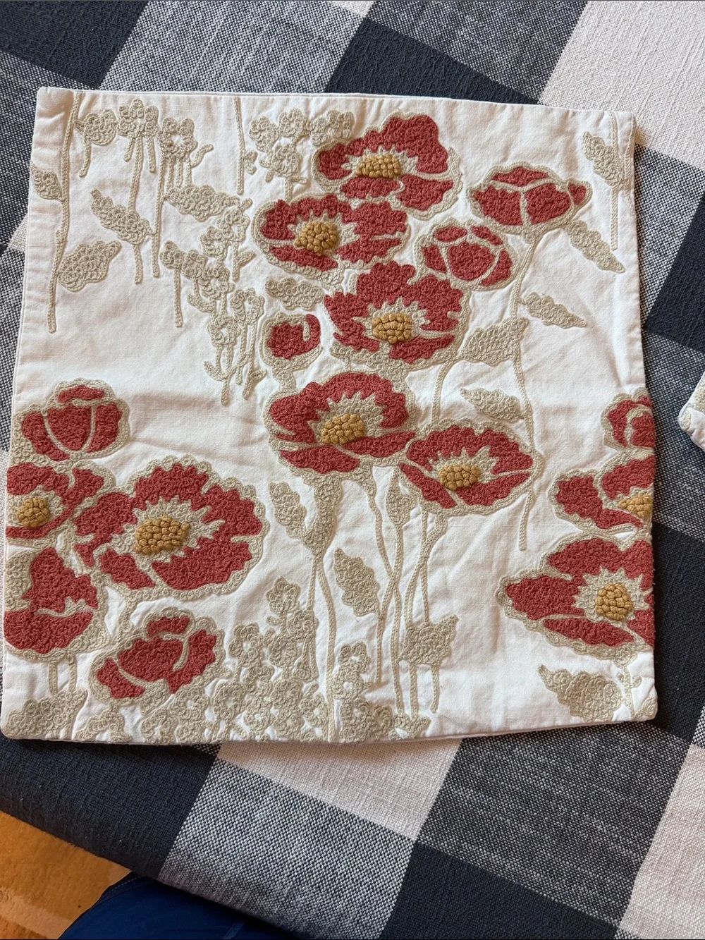 Pottery Barn Red and Cream Embroidered Floral Pillow Covers